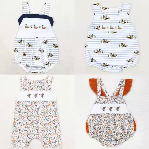 Boutique Infant Baby Girls Rompers Embroidery Camo Ducks Rompers Toddler Boys Rompers Sibling Girls 