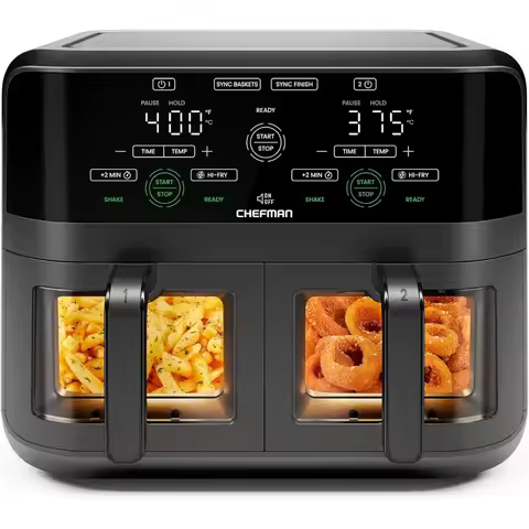 CHEFMAN 6 Quart Dual Basket Air Fryer Oven Easy View Windows Sync Finish Hi-Fry Auto Shutoff 2 Indep