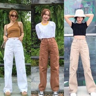 Happened. Women's HW Khaki Cargo Jeans Pants Kimpul Highwaist Loose Cream Latte Choco Side Pockets Y