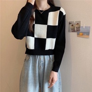 Crop top rajut lengan panjang wanita korea sweater atasan-yikoo/ KOTAK KOTAK SWEATER RAJUT CROP TOP 