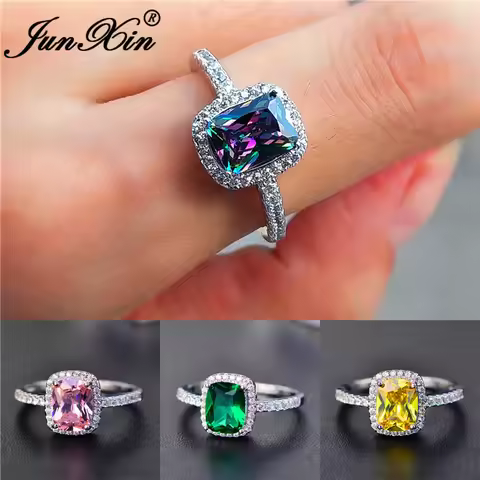 Fashion Mystic Fire Crystal Stone Rings For Women Silver Color Square Blue Pink Zircon Wedding Engag