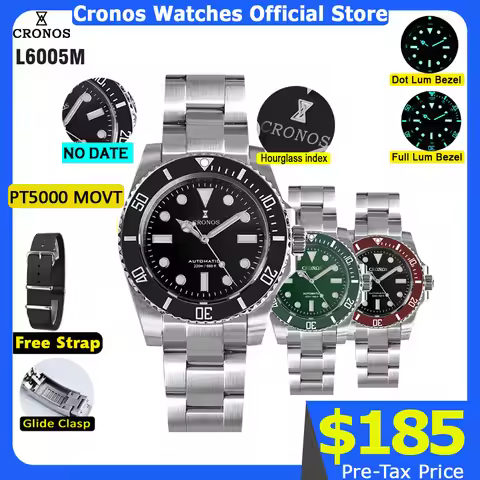 Cronos Sub Diver Men Watch No Date PT5000 Brushed Bracelet Ceramic Bezel 200 meters Water Resistant 