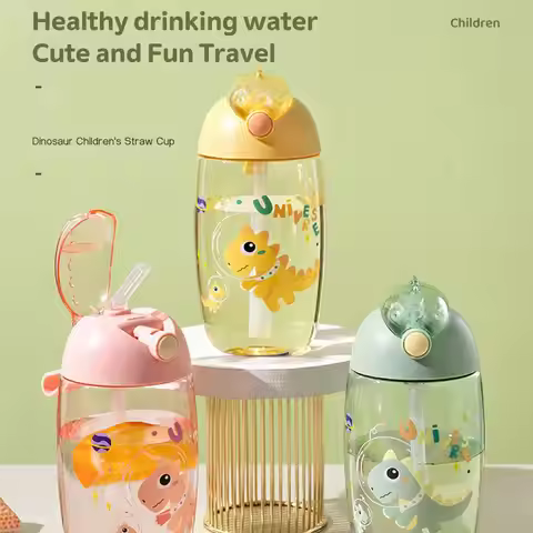 500ml Children's Dinosaur Water Bottle With Silicone Straw Leak Proof Plastic Water Bottle Summer Ch