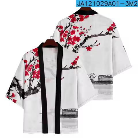 Chinese Print Yukata Men Women Fashion Cardigan Blouse Haori Obi Asian Clothes Harajuku Japanese Cos