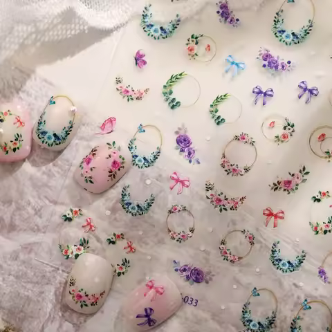 5D French Country Nail Art Stickers Watercolor Wreath Butterfly Moon Wreath Bow Bloom Line Self Adhe