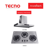 (HOOD + HOB) Tecno KA 9980 / KA9980 (90cm) High-suction Chimney Cooker Hood + Tecno SR 98SV / SR98SV (90cm) 3-Burner Stainless Steel Cooker Hob