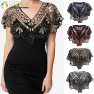 SUVE Short Cape, Black Lace 1920s Flapper Shawl, Elegant Embroidered Sequin Mesh Beaded Short Cover Up Dress Accessory Women