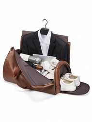 棕色 Pu 皮革復古西裝收納袋,大容量旅行行李袋,適合過夜