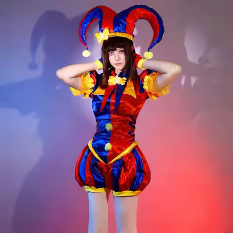 Adult female clown cosplay red blue jester costume overalls and hat with gloves socks christmas hall