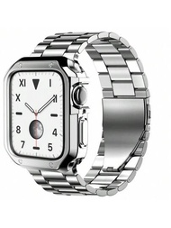 2合1矽膠保護套和不鏽鋼金屬錶帶與apple Watch模型8/7se/6/5/4/3兼容,兼容45mm/41mm/44mm/40mm Apple Watch系列,並附有工具
