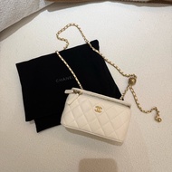 白色金球CHANEL全新香奈兒白色羊皮金球化妝箱斜背包長盒子