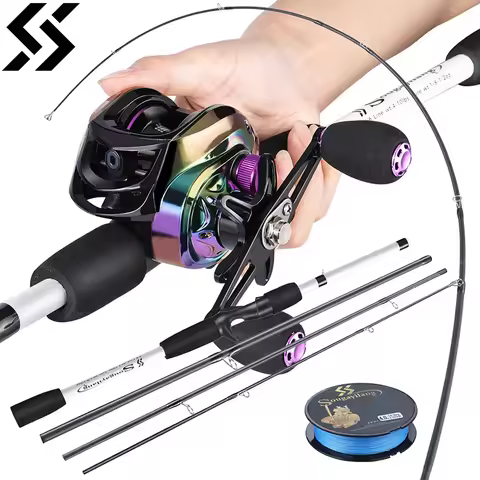 Sougayilang 1.98M Casting Fishing Set 4 Sections Carbon Fiber Fishing Rod 7.2:1 Baitcasting Reel wit