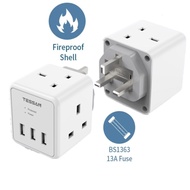 TESSAN TS224 Extension Plug Power Socket with USB，Surge Protector 2 Way Plug Adaptor with 3 USB, 13A Cube UK 3 Pin Multi Plug Extension Wall Socket for Home, Office, Kitchen（White）