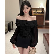 GUZILIAN | Off-Shoulder Elaborate Embroidery Ruffle Sleeve Blouse