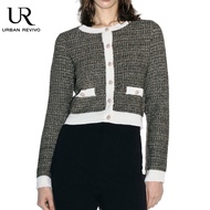 URBAN REVIVO Women's Short Tweed Cropped Tweed Jacket Elegant Slim thin Long Sleeve Cardigan
