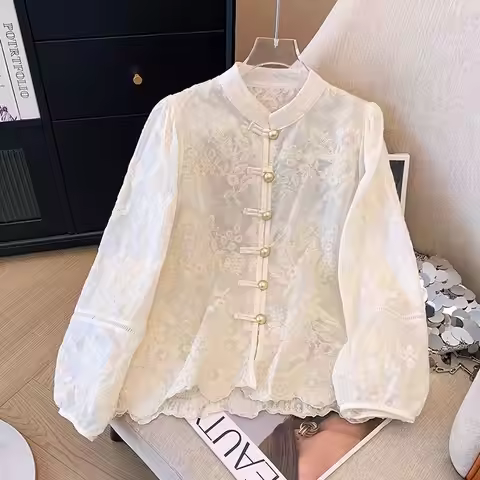 Chinese Style Lace Shirt Chinese Style Top Long-sleeved Bottoming Shirt Traditional Costume Cotton W