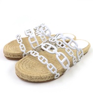 狀況極佳的 HERMES Ancone Chaine d'Ancre 皮革草編鞋，36 碼，白色，帶盒子和防塵袋，西班牙製造。