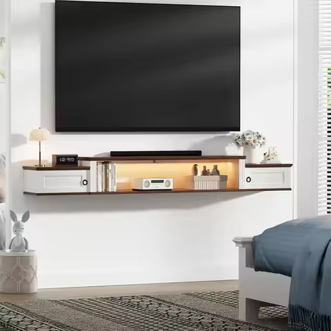Modern Wall-Mounted TV Stand with LED Lighting and Power Outlet for 80-Inch TVs