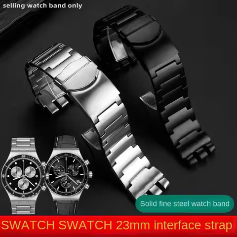 Stainless Steel Watchband Solid 23mm Silver Black For Swatch Men Irony Big Size Watch Strap Folding 