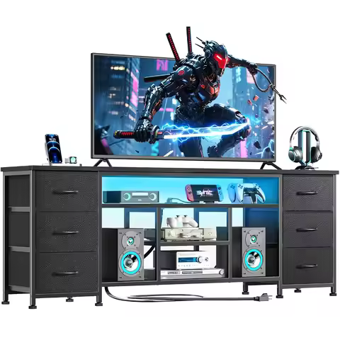 63 Inch LED TV Console Fits 65&70 Inch TV With Power Outlets & 6 Fabric Drawers, Custom