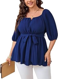 Women's Plus Size Square Neck Peplum Blouses Dressy Tops 3/4 Puff Sleeve Empire Waist Tie Ruffle Hem