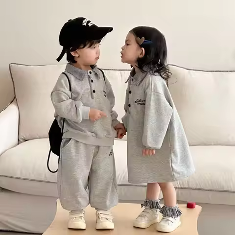RAISE Spring Siblings Attire Plaid Collar Kids Boys Polo Shirts+Pants Tracksuits Letter Printed Chil