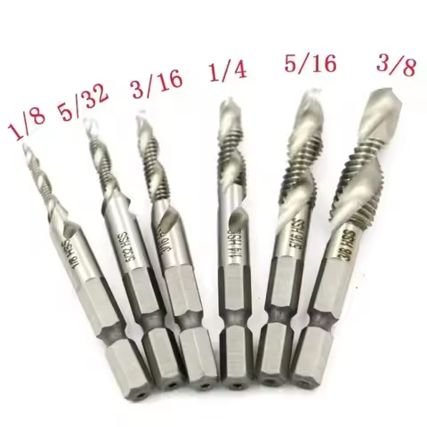 6pcs 1/8-3/8 Inch Thread HSS Combination Drill Tap Bit Set 1/4 Inch Hex Shank Deburr Countersink Bit