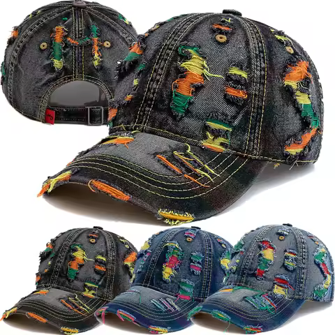 New Style Women Cap Tear Style Hole Vintage Colorful Lines Baseball Caps Female Casual Outdoor Stree