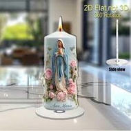 2D Flat, Rotating Virgin Mary With Pink Rose Acrylic Candle Decor - 360° Rotating Motion, Light Blue