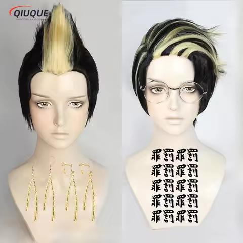 Anime Hanma Shuji Cosplay Wig Blond Black Heat Resistant Synthetic Hair Wigs + Tattoo Sticker + Earr