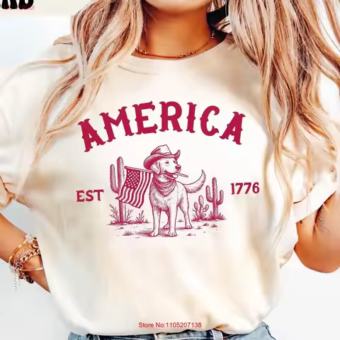 America Est 1776 T Shirt 4th of July Dog Western Cowgirl Usa Independence Day vintage Washed fashion