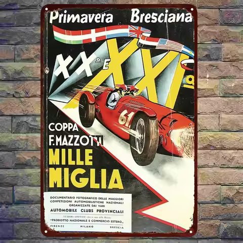 Mille Miglia Race Car Tin Sign - Coppa F. Mazzotti Primavera Bresciana XXI Edition, , Retro Italian 