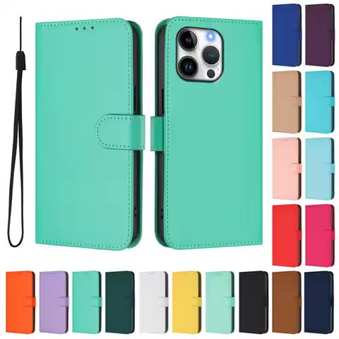 For Etui iPhone 15 16 17 Pro Max Case Candy Solid Color Flip Cover for iPhone 17E 16E 15 Pro 16 Plus