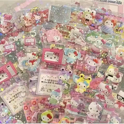 5pcs Hello Kitty Rilakkuma Cartoon Die-cutting Sticker Cute Kitty Cat Flashing Laser Stickers Anime 