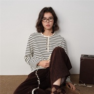 Designer Giordano Long Sleeve Pure Cotton Henry Collar T-Shirt Womens Striped Casual Style Winter Fa