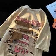 ONE - 水洗做舊T恤（卡其色M-5XL）（下單后聯繫客服確認發貨尺碼）#F326001668