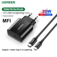 UGREEN ORIGINAL CHARGER SET 20W TYPE C TO LIGHTNING Made For Iphone 12 13 14 Pro Max MFI Ori 20 Watt Adaptor Adapter Casan