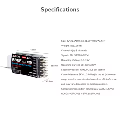 Radiolink R8EF 2.4Ghz 8 Channels RC Receiver Support S-Bus/PPM/PWM Signal for 8CH T8FB T8S RC Transm