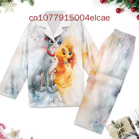 2024 New Disney Lady and the Tramp Pajama3D Printed Casual Men's and Women's Long Sleeve Shirt Pajam
