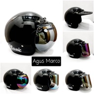 Helm bogo SNI classic  hitam glosy Size Dewasa Free Bubble Wrap flat cembung bening pelangi gold bir