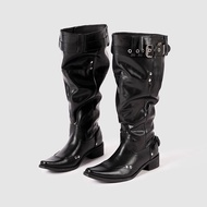 XIANNIWEI | Below Knee Western Cowgirl Boots Velvet Pointed Toe Heels Slimming Puff Boots