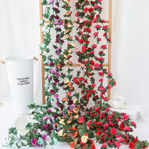 45 Head Artificial Rose Vines Plastic Fake Flower Vines Green Leafy Plant Flower Vines Wedding Home