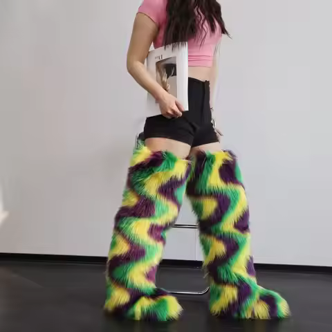 Womens 29 Inch Over The Knee Faux Mongolian Thigh Highs Faux Fur Boots Y2k Fluffy Mardi Gras Mambo F