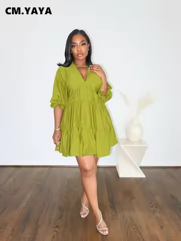 CM.YAYA Elegant Women 3/4 Sleeve Loose V-neck Mini Dress 2025 Summer African Vacation Street Midi Bi