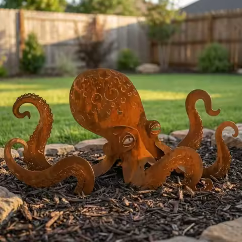 Vintage Iron Rusty Metal Squid Garden Statue Rustic Ocean Style Giant Nautical Animal Sculpture Laye