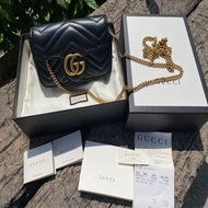 二手真品黑色GUCCI 476433 GG Marmont mini馬夢小牛皮古銅鏈包