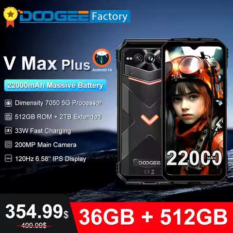 DOOGEE V Max Plus 5G Rugged Smartphone 36GB(16+20) 512GB 22000mAh 200MP Camera 6.58" 120Hz Android 1
