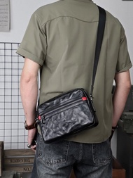 手作牛皮側背包 真皮斜背包 植鞣橫款斜挎包 男 黑色