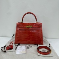 Hermes 愛馬仕 kelly28 天竺葵紅金扣 亮面鱷魚皮 R刻 有購證有證書