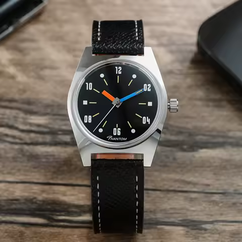 Phantom Retro Casual Men Manual Mechanical Watch Phantom 36mm Dial Fluted Bezel Off‑White Dial 19mm 